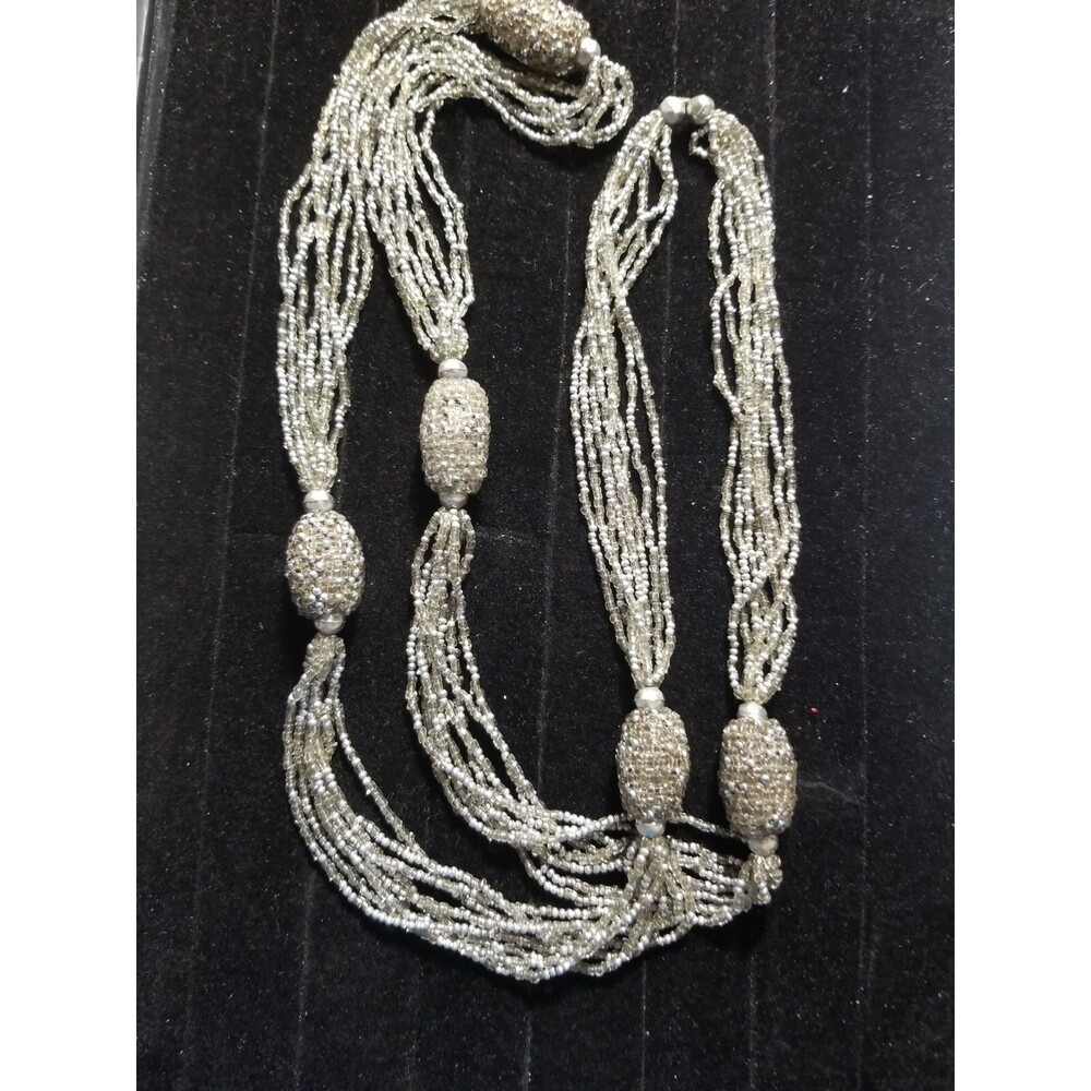 Vintage Necklace Multi-Strand Glass Bead Flapper Length Silver Tone Art Deco MCM